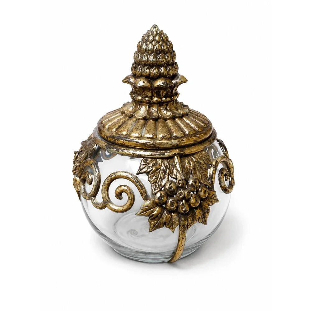 Ornate Gold Grapevine Glass Jar with Lid – Made in Philippines